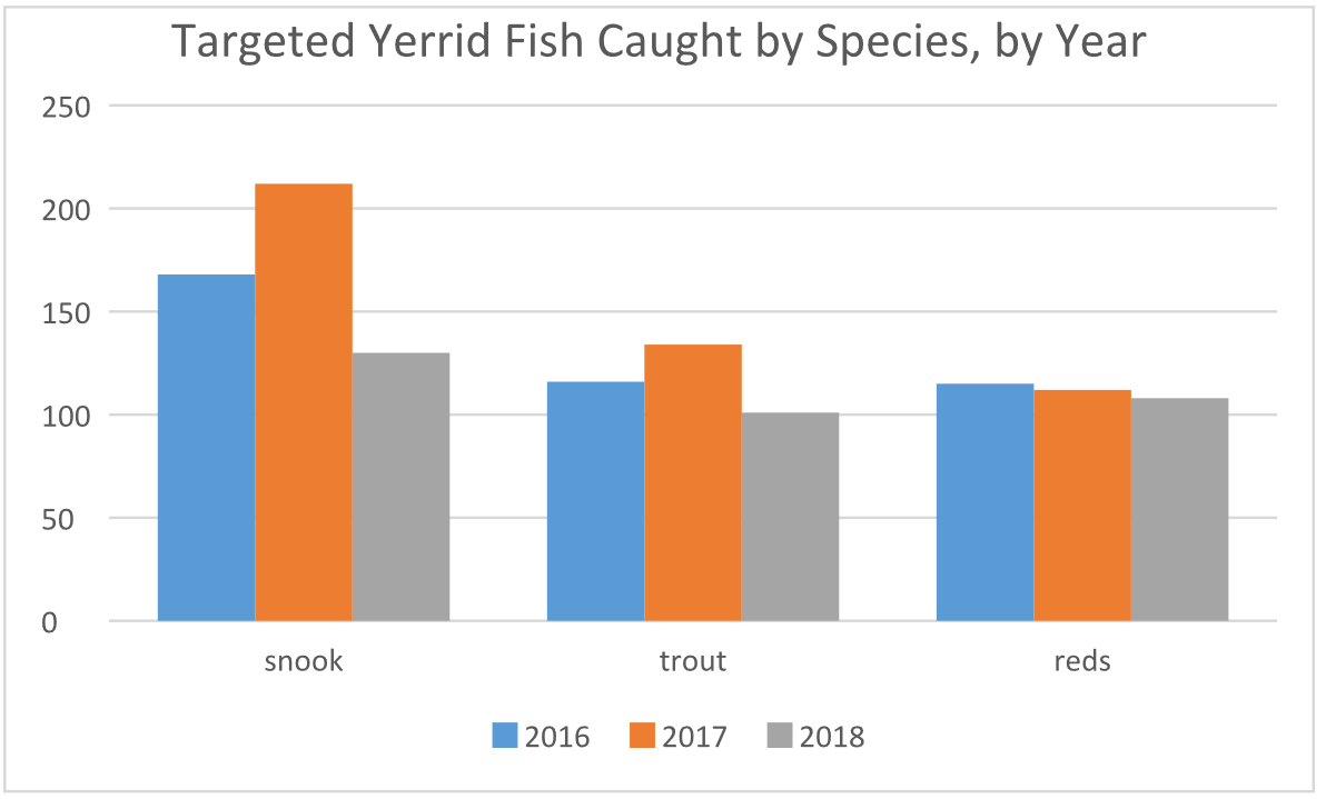 Bars represent number of snook, trout, and reds caught by year in Yerrid tournament
